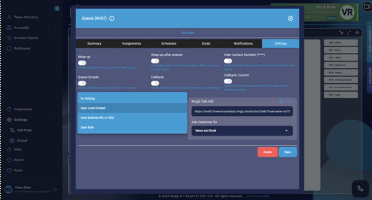 Select the call landing feature in RingQ